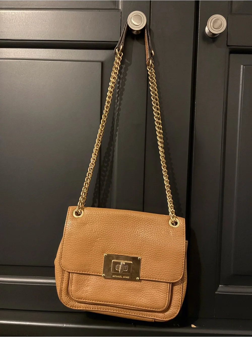 Michael Kors Cognac Pebbled Leather Shoulder Bag with Gold Chain